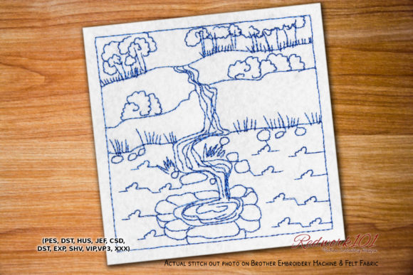 A Detailed Look at the Waterfall in Forest Redwork Embroidery Design